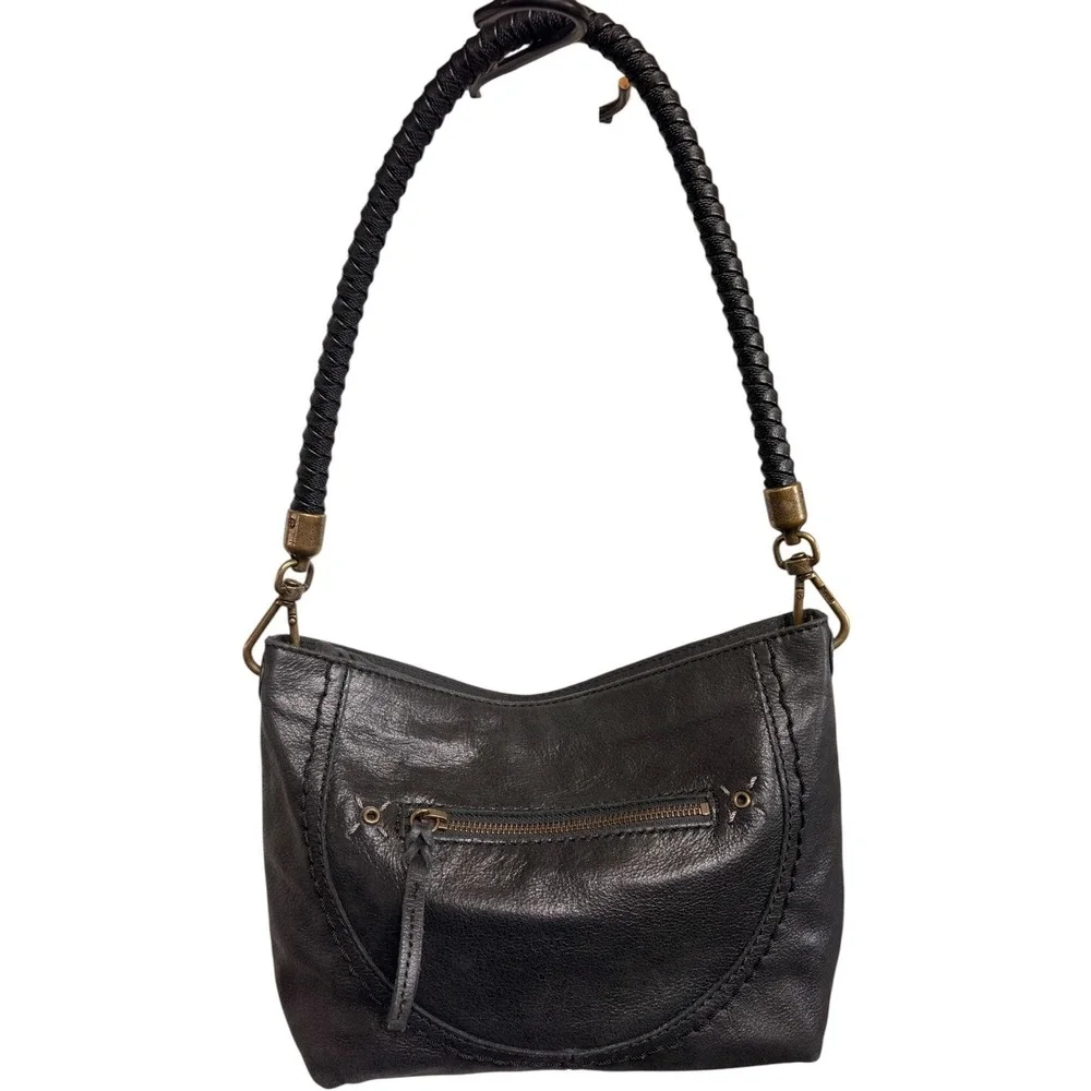 The Sak Black Leather Boho Shoulder Bag Braided Strap‎ Antique Brass Hardware